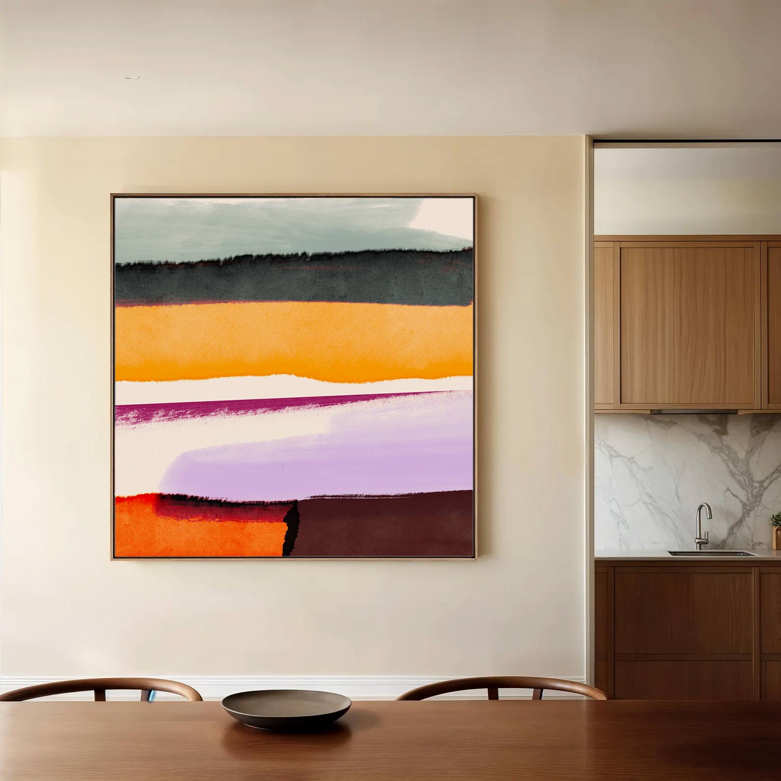 Abstract painting on a wall in a modern kitchen